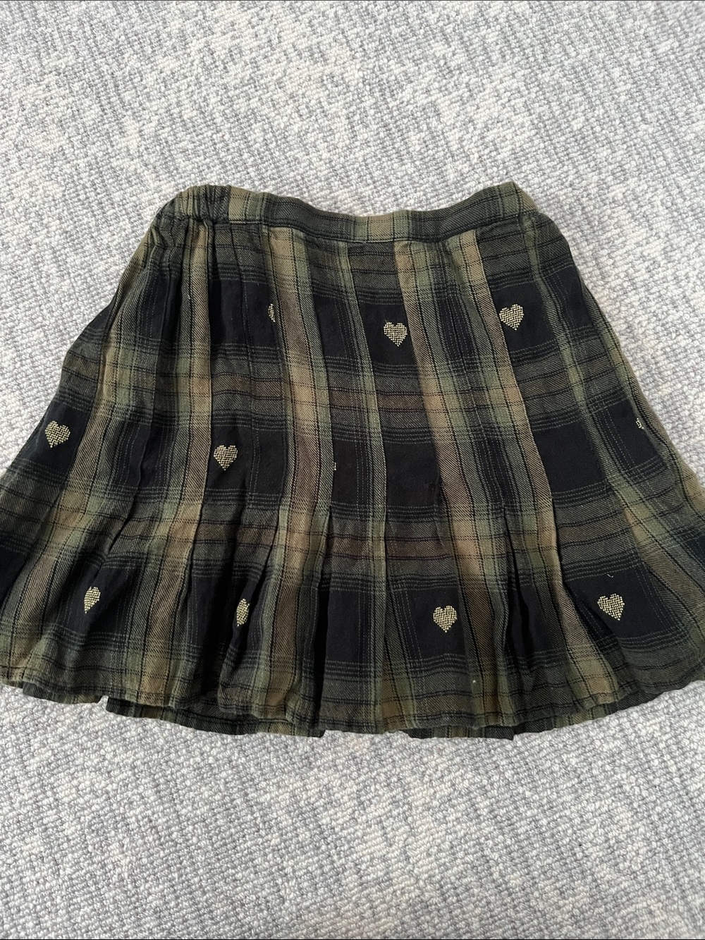 Bonton Olive and Black Plaid Skirt with Gold Heart Embroidery